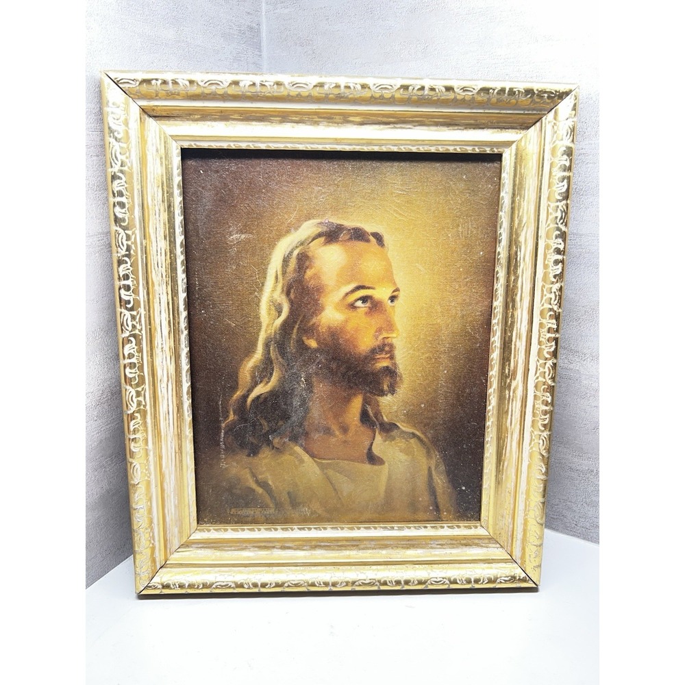 Vintage Ornate Gold Gilded Picture Frame With Picture Of Jesus 10 1/2 X 12